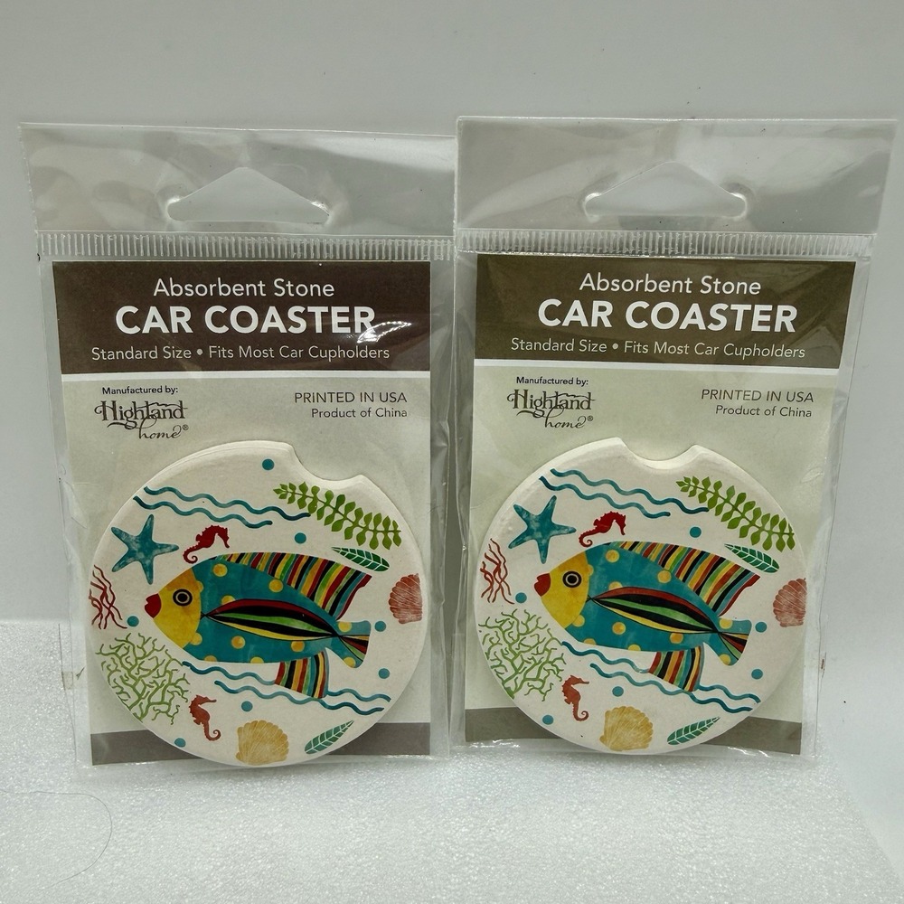 Highland Home Absorbent Stone Car Coasters Tropical Fish Lot of 2 Made In USA